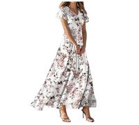 Abito estivo da donna, lunghezza media, con stampa floreale, scollo a V, senza maniche, leggero, linea ad A, per la moda primaverile, per tutti i giorni, Colore: rosa., M