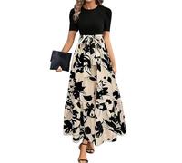 Abito estivo da donna, lungo, a linee, a vita alta, con scollo rotondo, traspirante, con tasche, plissettato, per il tempo libero, elastico in vita, #1-beige, L
