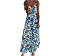 Abito estivo da donna, lungo, alla moda, con stampa floreale, linea ad A, senza maniche, lunghezza alla caviglia, leggero e confortevole, per le vacanze, per il tempo libero, da skater, Blu, S