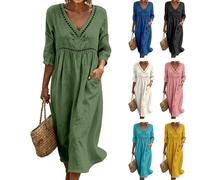 Abito estivo da donna, lungo, bohémien, elegante, maniche a 3/4, in cotone e lino, per il tempo libero, stile bohémien, leggero e arioso, abito da spiaggia, abito da spiaggia, verde, XL
