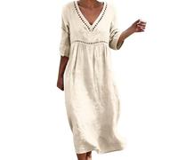 Abito estivo da donna, lungo, bohémien, elegante, maniche a 3/4, in cotone e lino, per il tempo libero, stile bohémien, leggero e arioso, abito da spiaggia, abito da spiaggia
