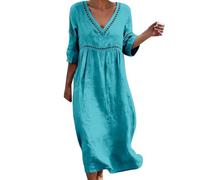 Abito estivo da donna, lungo, bohémien, elegante, maniche a 3/4, in cotone e lino, per il tempo libero, stile bohémien, leggero e arioso, abito da spiaggia, abito da spiaggia