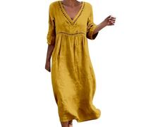 Abito estivo da donna, lungo, bohémien, elegante, maniche a 3/4, in cotone e lino, per il tempo libero, stile bohémien, leggero e arioso, abito da spiaggia, abito da spiaggia