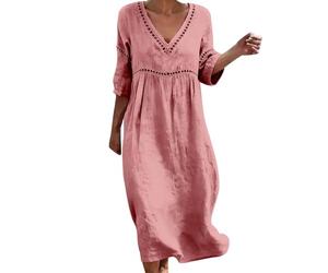 Abito estivo da donna, lungo, bohémien, elegante, maniche a 3/4, in cotone e lino, per il tempo libero, stile bohémien, leggero e arioso, abito da spiaggia, abito da spiaggia, Colore: rosa., 3XL