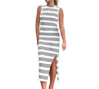 Abito estivo da donna, lungo, casual, alla moda, maxi abito a costine, con scollo a V, a maniche corte, per il tempo libero, lunghezza alla caviglia, spacco laterale, per feste, spiaggia, X4-bianco.,