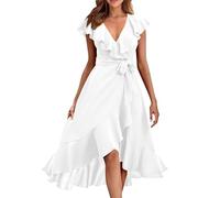 Abito estivo da donna, lungo, elegante, con scollo a V, abito bohémien, senza maniche, linea ad A, a vita alta, elegante, per il tempo libero, bianco, L