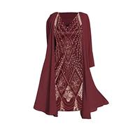 Abito estivo da donna, lungo, elegante, in due pezzi, con scollo rotondo, in chiffon-Cardigan, da spiaggia, per il tempo libero, con stampa floreale, Colore: rosso, S