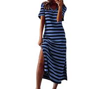 Abito estivo da donna, lungo, estivo, con scollo a V, senza maniche, a righe, con spacco laterale, leggero, da spiaggia, sexy, per il tempo libero