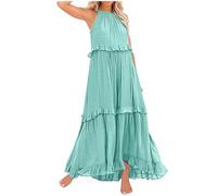 Abito estivo da donna, lungo, estivo, da spiaggia, a linee, con allacciatura al collo, maxi abito plissettato, nero e bianco, con volant, abito estivo da donna, per il tempo libero, Azzurro, XL