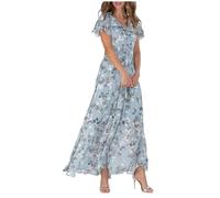 Abito estivo da donna, lungo, estivo, da spiaggia, in chiffon, con linee A, maxi abito floreale, con volant, per il tempo libero, estivo, da donna, Azzurro, 3XL