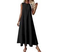 Abito estivo da donna, lungo in lino, elegante e chic, senza maniche, scollo rotondo, con tasche, abiti da spiaggia bohemien, maxi vintage, per feste quotidiane, Nero , XXL