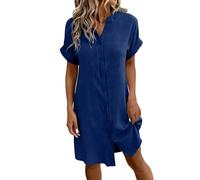Abito estivo da donna, lungo, in lino, leggero e traspirante, in cotone, con scollo a V, a maniche corte, per il tempo libero, con bottoni, Blu scuro, XL