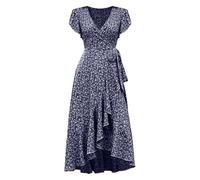 Abito estivo da donna, lungo, stile bohemién, con volant, maxi abito con cintura, scollo a V, abito da spiaggia, con stampa floreale, a vita alta, adatto per il tempo libero, Blu scuro, L