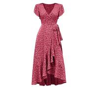 Abito estivo da donna, lungo, stile bohemién, con volant, maxi abito con cintura, scollo a V, abito da spiaggia, con stampa floreale, a vita alta, adatto per il tempo libero, Rosa acceso., XL