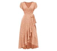 Abito estivo da donna, lungo, stile bohemién, con volant, maxi abito con cintura, scollo a V, abito da spiaggia, con stampa floreale, a vita alta, adatto per il tempo libero, Colore: arancione., M
