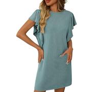 Abito estivo da donna, maniche corte, con balze, scollo rotondo, elegante, elegante, leggero, liscio, tinta unita, casual, traspirante, taglia grande, per feste quotidiane