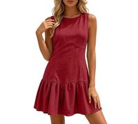 Abito estivo da donna, midi, da spiaggia, arioso, senza maniche, scollo rotondo, con volant, stile casual, tinta unita, adatto per il tempo libero, in cotone, Rosso 1, L