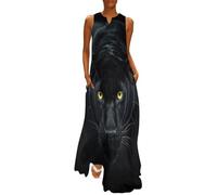 Abito Estivo da Donna Pantera Nera Vestito Lungo da Donna Animali Selvatici Elegante Scollo a V Abito Causal Senza Maniche Vestiti da Spiaggia con Tasca, Nero