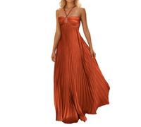 Abito estivo da donna plissettato, maxi abito senza maniche, abito da sera, elegante, linea ad A, con scollo a V, in raso, per il tempo libero, per feste, cami, O Orange, S