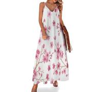 Abito Estivo da Donna Rami Di Ciliegio In Fiore Vestito Maxi Senza Maniche Acquerello Retrò Modello a Trapezio Abito Lungo Casual con Scollo a V per Passeggiate in Città Vacanze e la Spiaggia