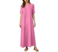 Abito estivo da donna, scollo rotondo, abito da spiaggia, a maniche corte, linea A, per il tempo libero, classico, alla moda, con palloncini, leggero e arioso, abito da spiaggia, tinta unita, O rosa