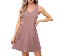 Abito estivo da donna, senza maniche, con scollo a V, con occhielli, ampio, linea ad A, con tasche, mini prendisole, rosa, M