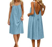 Abito estivo da donna, senza maniche, con spalline sottili, schiena scoperta, in lino, con lacci, elegante, linea ad A, per il tempo libero, per le vacanze, O azzurro, S