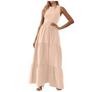 Abito estivo da donna, senza maniche, con volant, casual, girocollo, da spiaggia, prendisole da donna, a vita alta, tinta unita, per vacanze, rosa, S