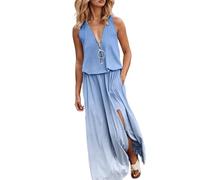 Abito estivo da donna, senza maniche, lungo, maxi abito da spiaggia, elasticizzato, in vita, a tunica, lungo, plissettato, per il tempo libero, con spacco, arioso, O azzurro, 5X-Large
