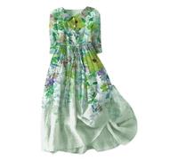 Abito estivo da donna, taglie forti, lungo, tinta unita, con scollo a V, in cotone e lino, oversize, con tasche, abbottonatura, Blu, 3XL