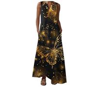 Abito estivo da donna UK Abito da donna con stampa abito elegante da spiaggia club cocktail abiti da lavoro senza maniche una linea da donna casual scollo a V bretelle a righe, Oro, L
