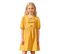 Abito estivo da ragazza con fiocco decorativo, maniche a sbuffo alla moda come un modello a linee ad A, per ragazze, giallo., 9-10 Anni