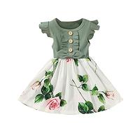 Abito estivo da ragazza, per il tempo libero, per bambini, a maniche corte, in cotone, motivo patchwork, con strisce e motivi floreali, per la scuola, l'asilo e l'uso quotidiano, verde, 12-18 Mesi