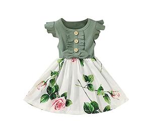 Abito estivo da ragazza, per il tempo libero, per bambini, a maniche corte, in cotone, motivo patchwork, con strisce e motivi floreali, per la scuola, l'asilo e l'uso quotidiano, verde, 12-18 Mesi