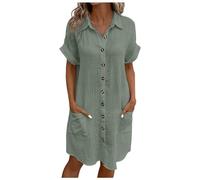 Abito Estivo Donna Copricostume Mare Abiti Scollo a V Vestito Lunghi Estivi da Spiaggia Maniche Corte Cotton Elegante Abito da Camicia con Botton e Tasche Casual Mare Spiaggia