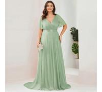 Abito estivo elegante con maniche corte e scollo a V, coda lunga, per taglie comode, abito da damigella d'onore blu, abito da sera per la madre della sposa 0XL,1XL,2XL,3XL,4XL,5XLColore unicoChiffon