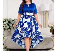 Abito estivo elegante con stampa floreale e patchwork, corto davanti e lungo dietro, taglie comode 0XL,1XL,2XL,3XL,4XLStampa CasualeTessuto intrecciato