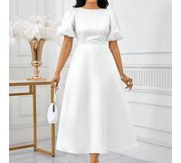 Abito estivo elegante da donna bianco con maniche a palloncino, linea ad A, colore unito, maniche a vescovo, adatto per cena, matrimonio, cocktail festa, laurea, stile dea greca, taglie forti L,M,S,XL