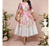 Abito estivo elegante da donna con scollo rotondo e maniche a 3/4, con motivo floreale, adatto per laurea, vacanza, primavera, eventi speciali, matrimoni e feste del tè 0XL,1XL,2XL,3XL,4XLStampa Casua