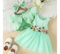 Abito estivo elegante e alla moda per neonata/bambina con design floreale, sovrapposizione di giubbotto a maglia, maniche arricciate, fasce per capelli a fiocco e set di giacca con dettaglio a fiocco 