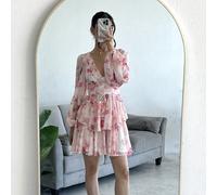 Abito estivo elegante e romantico da donna con stampa floreale rosa su tutto il capo, maniche a lanterna, adatto per vacanze, dolce ed elegante per vacanze, appuntamenti, feste, lauree, matrimoni, spi
