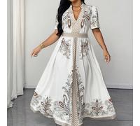 Abito estivo floreale, con vita arricciata e maniche a sbuffo, per donne curvy, stile bohémien 0XL,1XL,2XL,3XL,4XLBlocchi di colore,Grafico,Piante,Tradizione popolareTessuto intrecciato