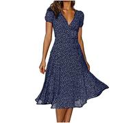 Abito estivo lungo al ginocchio, scollo a V, alla moda, a pois, a maniche corte, per il tempo libero, estivo, abito midi swing, slim fit, a vita alta, abito bohémien, abito da spiaggia, Blu marino, XL