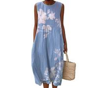 Abito Estivo Lungo da Donna con Scollo Floreale Vestito in Lino Boho Casual Vestiti Estivi Senza Maniche Girocollo Tasca Abiti Larghi Ginocchio Spiaggia Manica Camicia Notte Premaman Autunnale 2025