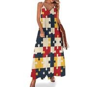 Abito estivo lungo da donna, per vacanze 2025, con stampa a puzzle colorati, con spalline e spaghetti, maxi abito estivo da spiaggia, multicolore, L
