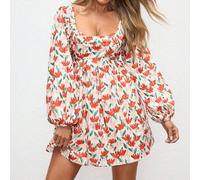 Abito estivo mini con maniche a lanterna, vita stretta, scollo a U, stampa all-over, abito da sole con maniche, abito da vacanza "Tequila Sunrise", abito estivo a maniche lunghe, abito Ibiza, collezio