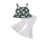 Abito estivo per bambina - Canottiere con balze abbottonate con stampa floreale + pantaloni a campana a costine tinta unita - Set carino e svasato (verde, 18-24 mesi)