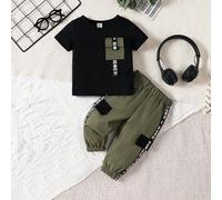 Abito estivo primaverile per bambino con Maglietta casual a maniche corte con tasca applicata e dettaglio con nastro intessuto a lettera, set di pantaloni cargo jogger 6-9M,9-12M,12-18M,18-24M,2-3Y,3-