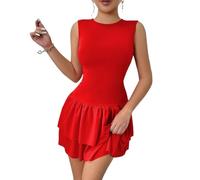Abito estivo senza maniche pieghettato volant fluidi a strati una linea corta abiti da cocktail party abiti per ogni occasione, Rosso, L