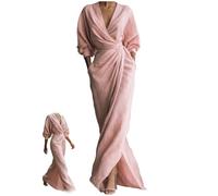 Abito extra lungo da donna in lino e cotone con scollo a V, maniche lunghe, increspato, cravatta in vita, asimmetrico, orlo diviso, retrò, elegante, per feste, rosa, XXL